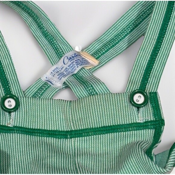 Carters Vintage Bib Overalls 18 Mo Green Stripe Dog Appliqué 70s Embroidered - Picture 4 of 5